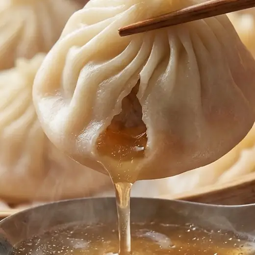 Hot broth flowing from a bitten soup dumpling into a spoon